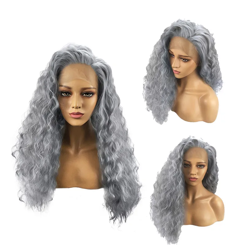 

26 Inch Silver Grey Curly Wig Synthetic Lace Front Wig Glueless Long Natural Heat Resistant Hair Wigs Tools For Women #290735