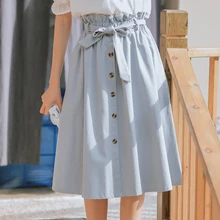 Кнопки в стиле ретро Женская летняя юбка карманы хлопок миди на шнуровке высокая талия юбки для женщин s с поясом линия розовый белый женский