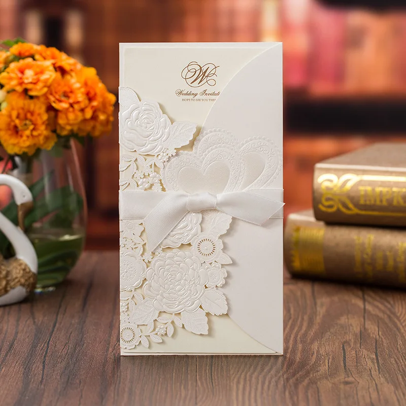 

50pcs/lot Elegant White Laser Cut Invitations Card for Wedding with Ribbon Save The Date Bridal Shower Customize Party Supplies