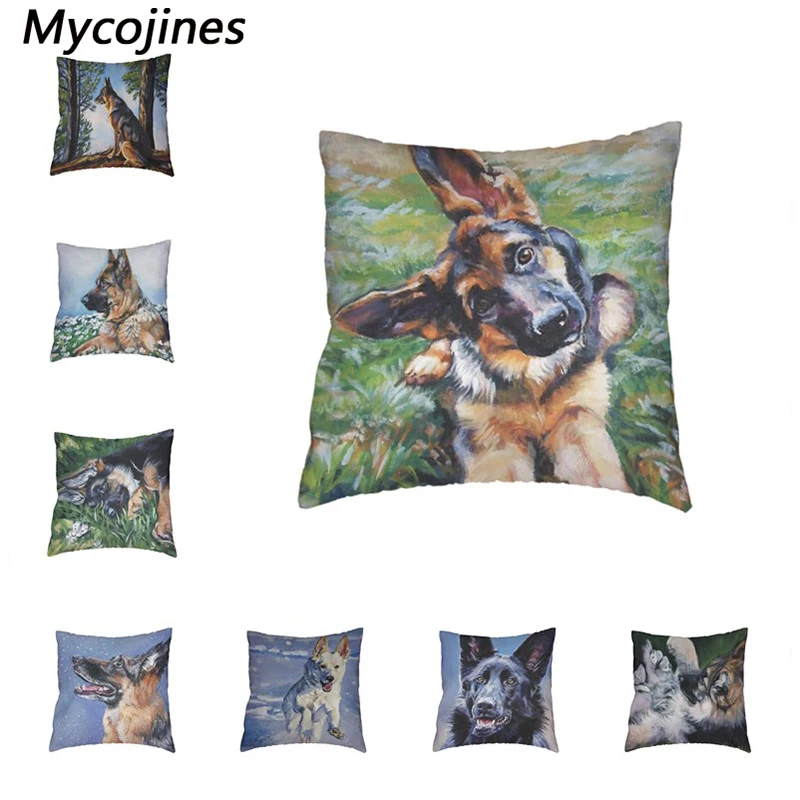 

German Shepherd Dog Cushion Cover Polyester Peach Skin Snowflake Tree Print Office Family Chair Sofa Decorate Pillowcase 45cm