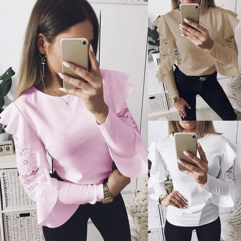 С длинным рукавом Bodycon Falbala повседневные весенние белый/розовый/хаки сплошной