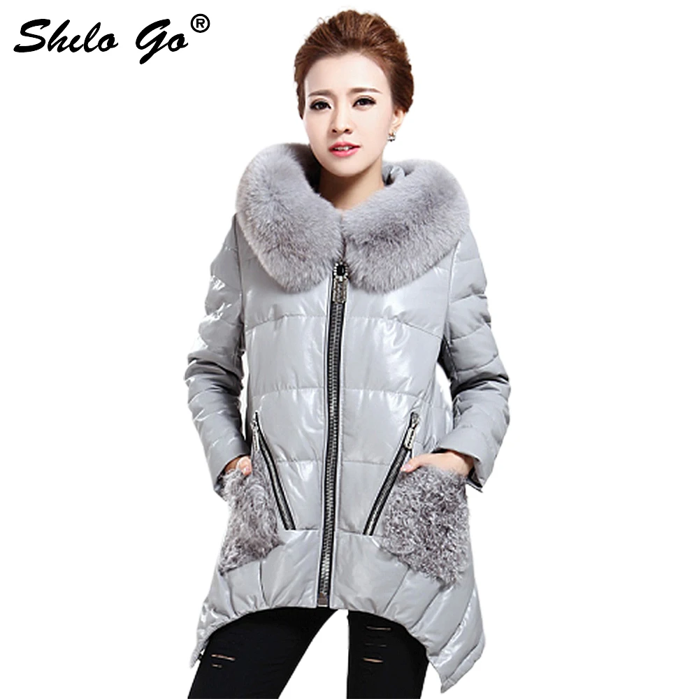 

Plus size winter fashion women high quality luxury Fox fur collar hood pom pom lambwool fur pocket gray Genuine leather coat 3XL