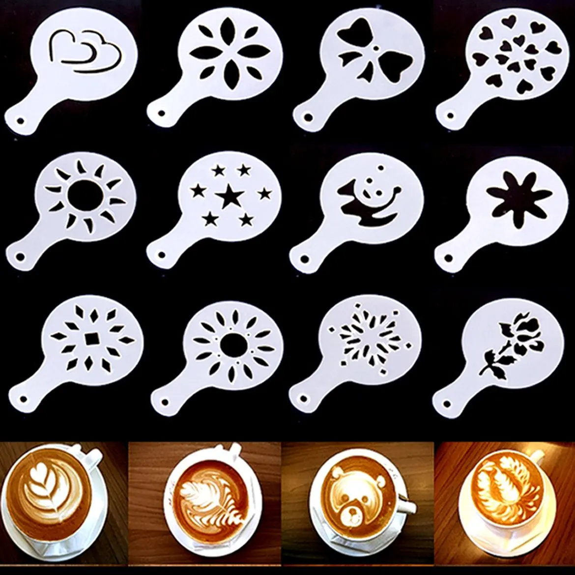 Best selling Cappuccino Coffee Stencils Template Strew Flowers Pad Duster Spray (12pcs white)in
