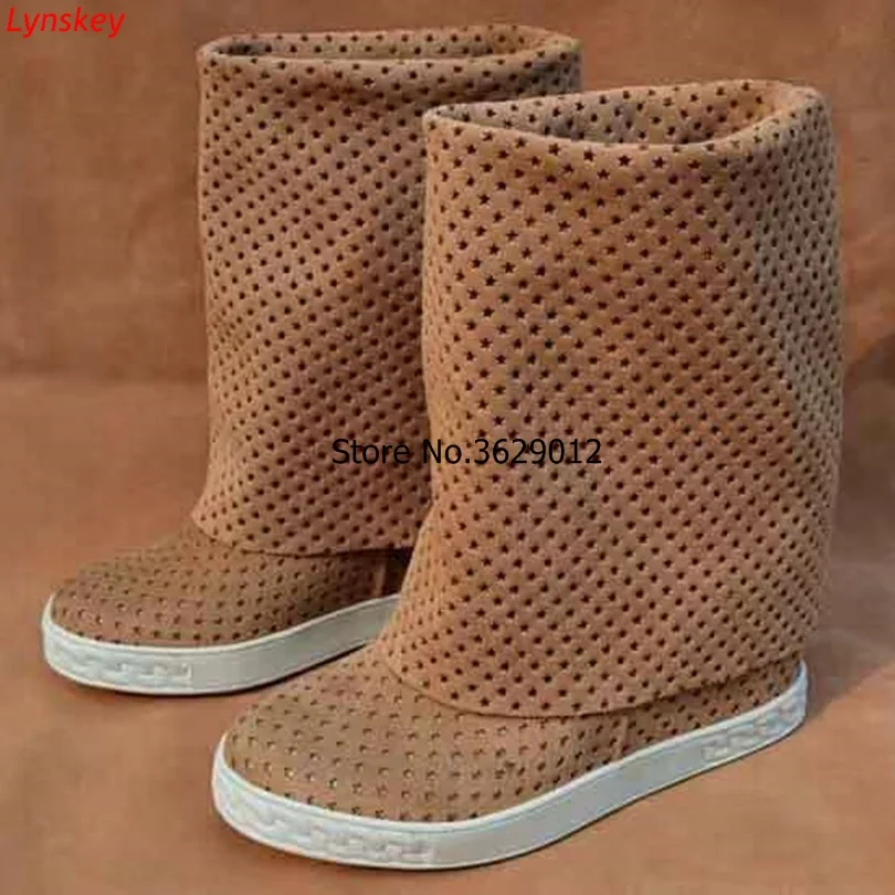 

8cm height increasing Hollow Out Mid Calf Boots For Women Suede Leather Hidden Heel booties Autumn Wedge Heel Short boots