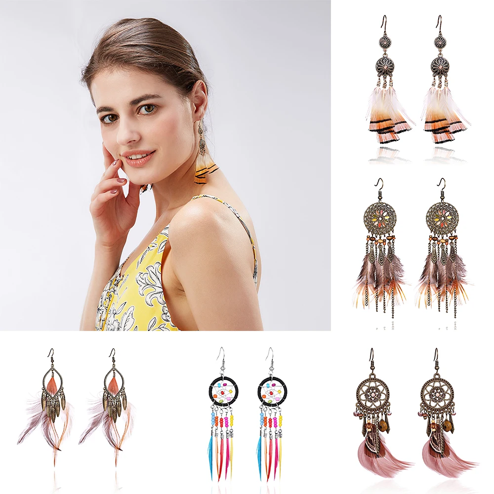 

Rinhoo Bohemian Retro Multilayer Feather Drop Earrings Vintage Handmade Long Tassel Dangle Earring For Women Jewelry Accessories