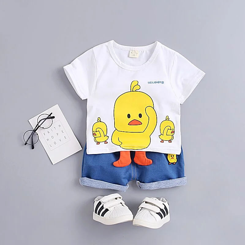 

Summer Children Clothes Baby Boys Clothes Casual Short Sleeve Cartoon Duck Print T-shirt Tops+Denim Shorts Costume Set