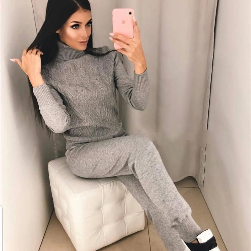 Women sweater suits Knitted tracksuit Autumn winter turtleneck pullovers+ long pants for female knitted customs sets