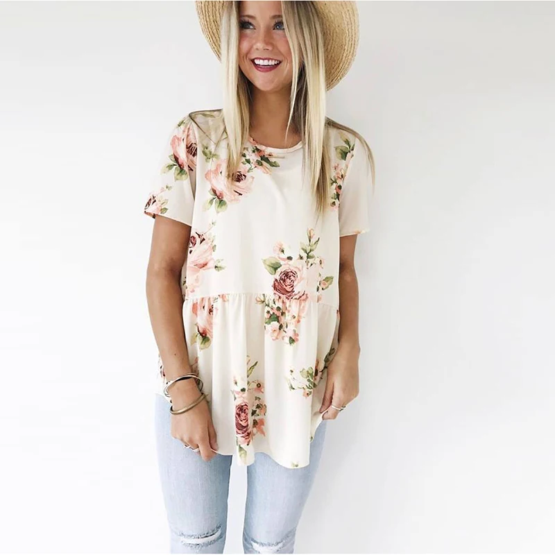 Fashion 2019 New Summer Women Short sleeve Casual Floral