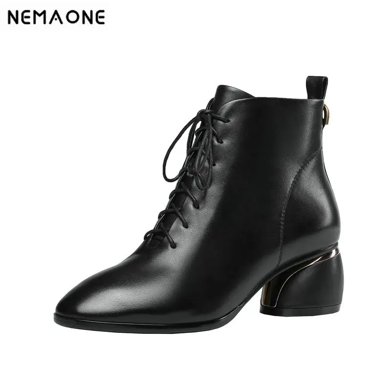 

NEMAONE Genuine Leather Round Toe Strange Style Women Ankle Boots 2019 New Lace Up Basic Office Casual Shoes Woman