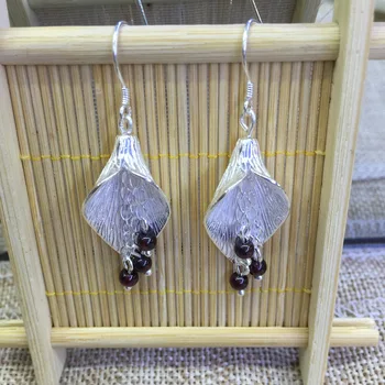 

S925 sterling silver inlay pure natural purple teeth black garnet tassels ears hanging simple fashion