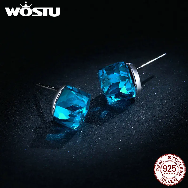 WOSTU 925 пробы серебро квадратный Crytsal камень голубой Стад Серьги для свадьбы, помолвки серьги для Для женщин ювелирные изделия CTE208