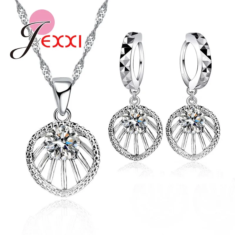 

YAAMELI Real 925 Sterling Silver Round Flower Shape Pendant Necklace Earrings Drop Sets Clear CZ For Women Crystal Jewelry