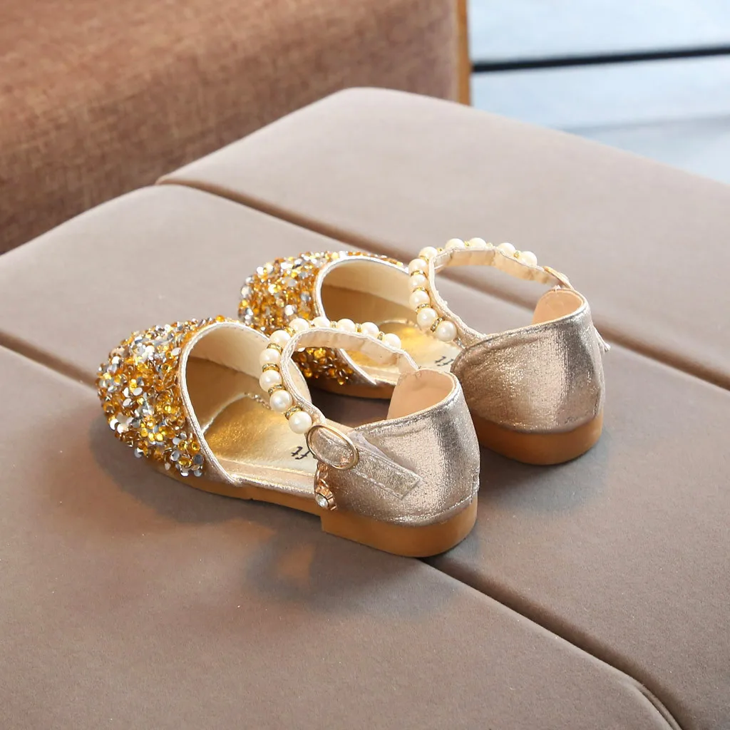 Летние туфли принцессы для маленьких девочек с жемчугом и блестками; детские сандалии для девочек; свадебные сандалии