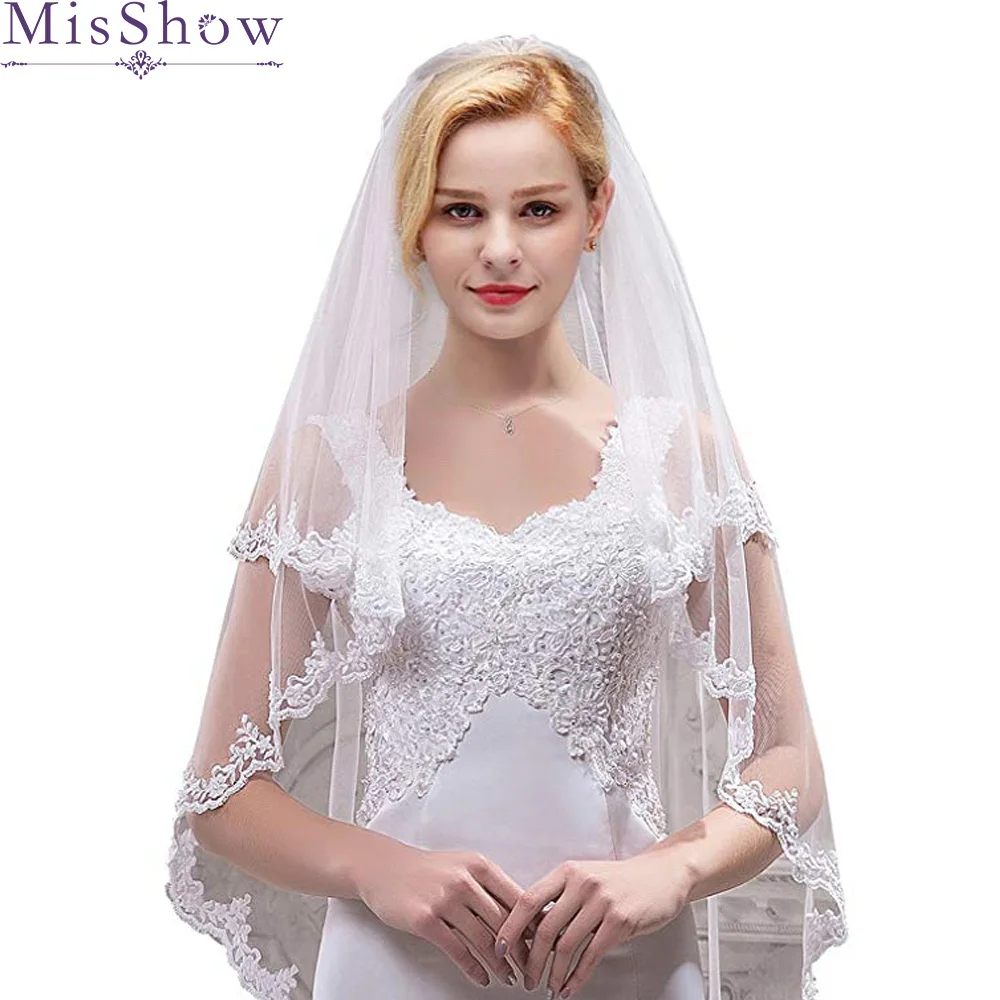 

2019 Cheap Bridal Veil With Combs Elbow Length Veil Short Wedding Veils With Lace Appliques Veils Wedding Accessories