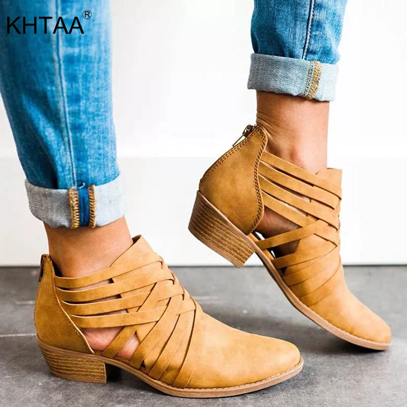

KHTAA 2018 Women Hollow Out Zip Plus Size Autumn Ankle Boots Female Platform Thick Middle Heels Ladies Fashion Martin Shoes