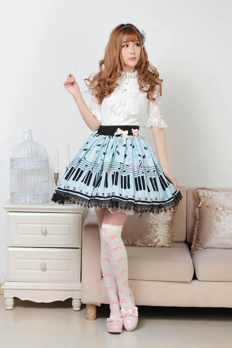 Женские юбки с принтом пианино, небесно-голубые милые трапециевидные юбки в стиле Лолиты, супер милые юбки в стиле хорпсикорда, плиссированная кружевная юбка с кошкой
