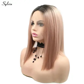 

Sylvia High Temperature Drak Roots Ombre Milky Lavender/Mixed Pink Two Tone Synthetic Lace Frontal Wigs for Women Short Bob Wigs