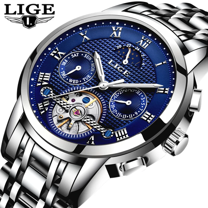 

LIGE Fashion Mens Watches Top Brand Luxury Automatic Mechanical Watch Men Full Steel Waterproof Sports Watches Relogio Masculino