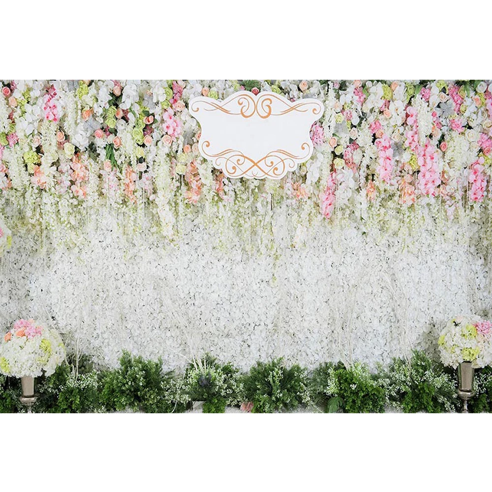 

Romantic Yellow Pink White Flower Wall Photo Booth Background for Wedding Customized Name Party Themed Photography Backdrops
