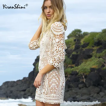 

Women Tops Swimwear Beach Dress Summer Swimsuit Lace Hollow Crochet Beach Bikini Cover Up White Beach Tunic Shirt