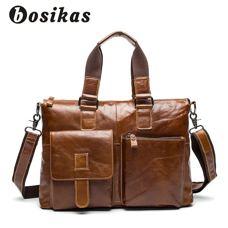 

BOSIKAS Genuine Leather Men Briefcases Solid Leather Laptop Messenger Bags Men's Casual Shoulder Bag Business Laptop Bags New