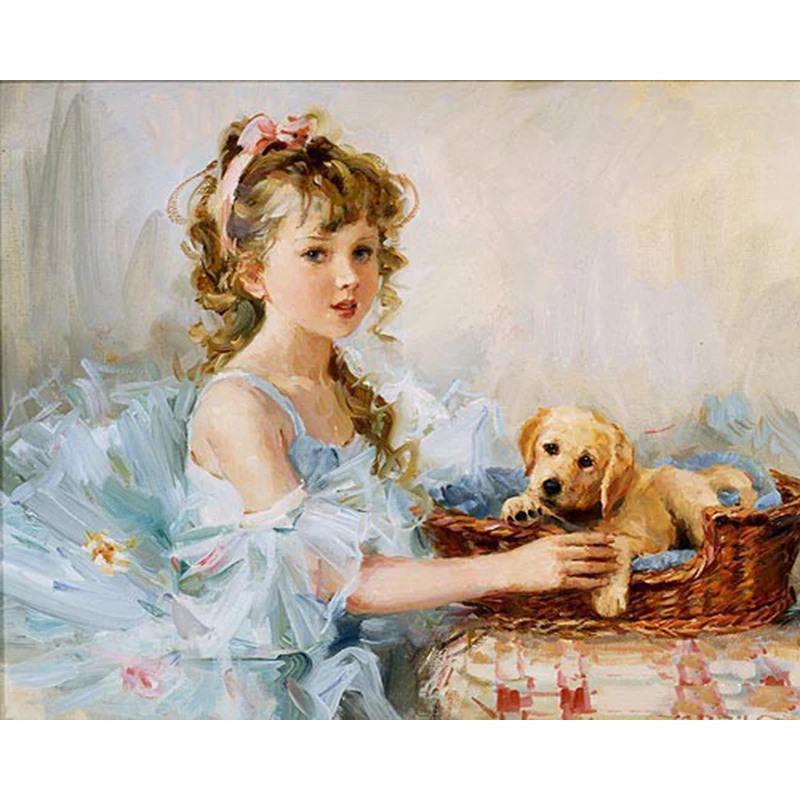 

Framless Girl and Dog DIY Painting By Numbers Animals Wall Painting Acrylic Paint On Canvas For Living Room