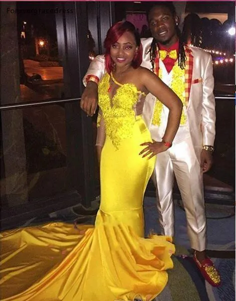 New Yellow One Shoulder Long Sleeve Mermaid Prom Dresses 2019 Lace Applique Black Girls Junior Prom Dresses Long Evening Gowns BA7778  138 (1)