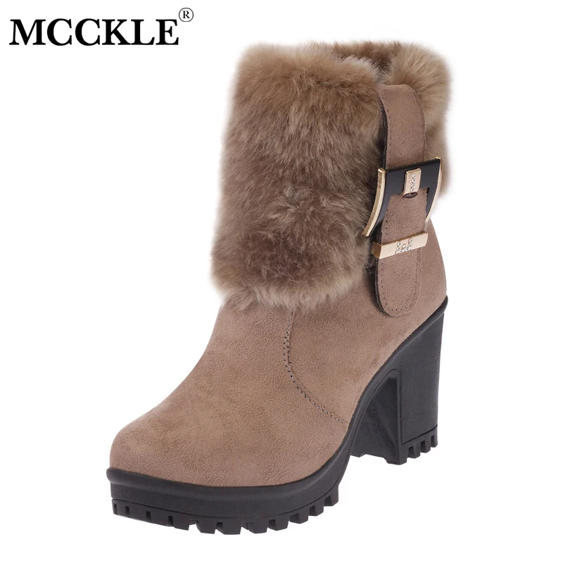 

MCCKLE Women Casual Platform Female Suede Buckle Short Ankle Boots Shoes Block High Heels Winter Warm Faux Fur Snow Boots