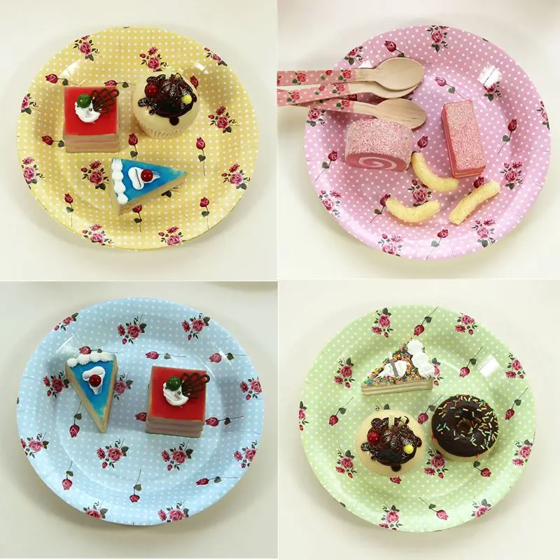 

12pcs Vintage Flowers Disposable Tableware Sets 23cm European Style Rose Dot Plates for Wedding Decor Birthday Party Supplies