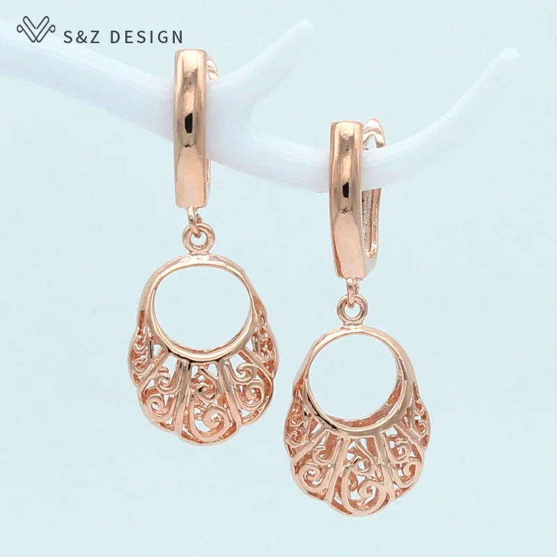 

S&Z New Arrivals Exquisite Carved Hollow 585 Rose Gold Dangle Earrings For Women Wedding Party Fine Trendy Jewelry