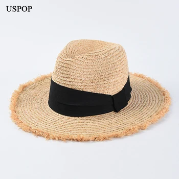 

USPOP 2019 New sun hats for women jazz top straw hats female wide ribbon bow beach hat raffia large brim straw sun hats