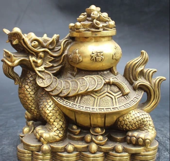 

ymy 003395 9" Chinese Bronze Wealth Yuanbao Treasure Bowl Dragon Tortoise Animal Statue (A0414)