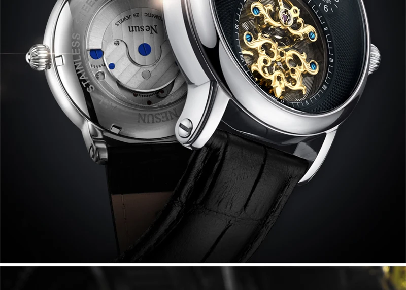 NESUN Роскошные бизнес мужские полые турбийон часы автоматические механические наручные часы для мужчин сапфир Водонепроницаемый Relogio Masculino