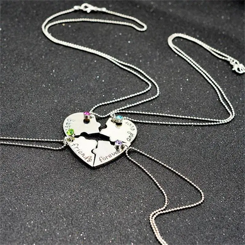 New Popular Jewelry four parts of the puzzle Heart shaped inlay rhinestones pendant Best Friends Forever and ever Necklace - Image 2