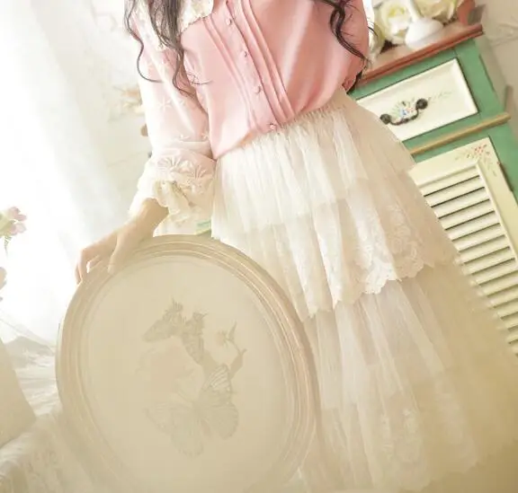 Mori Girl Sweet Lace Layer Ruffles Chiffon Skirt Lolita Cottage Core Fairy Skirts Women Midi Princess White Boho Novelty | Женская
