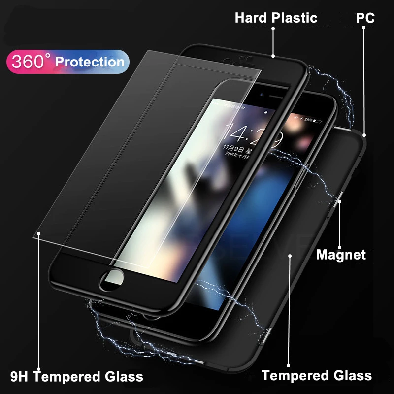 Ультра Магнитный адсорбционный чехол для iPhone X, 8, 7, 6, 6 S, S Plus, роскошный, на 360 градусов, полный корпус, Магнитный чехол, закаленное стекло, чехол из поликарбоната