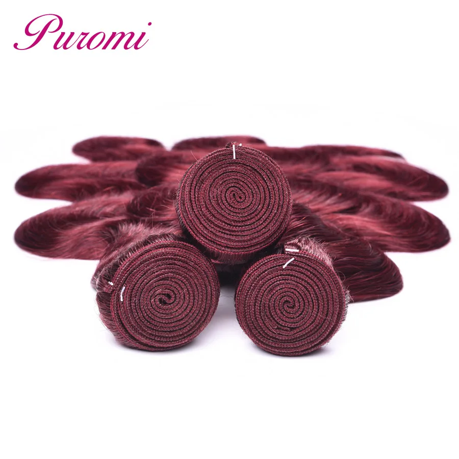 Puromi Hair Extension Colored 99J Brazilian Hair Weave Bundles with Closure 4x4 Free Part Body Wave Human Hair Bundles Non Remy
