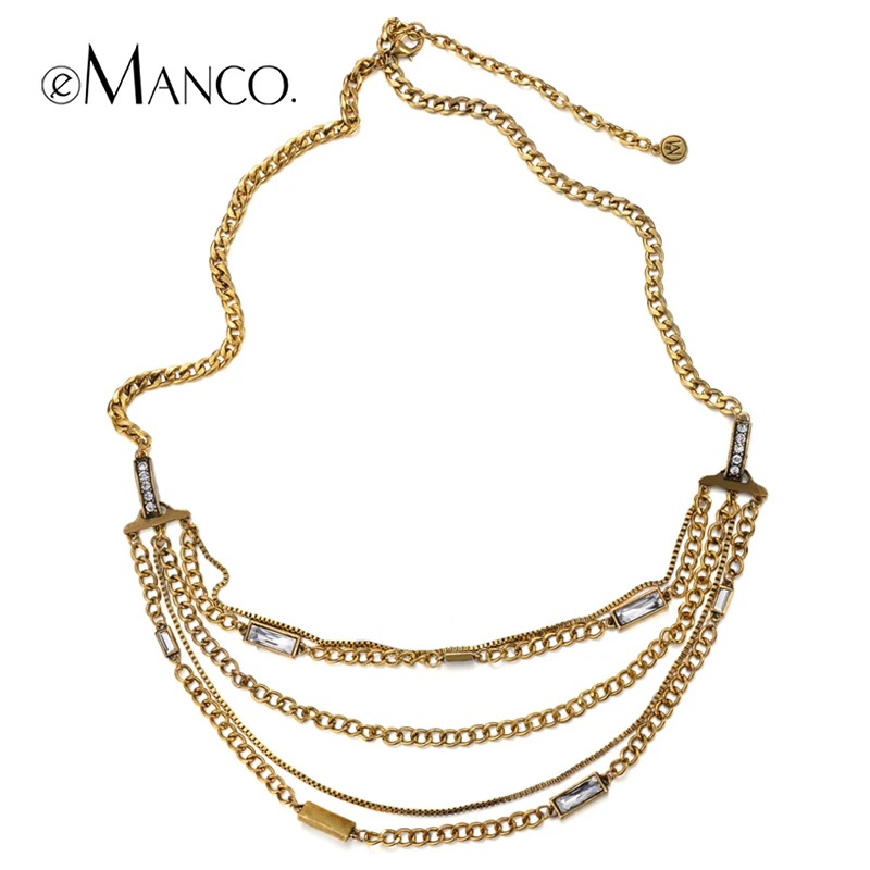 

eManco two colors link chain long necklace for unisex crystal rhinestone metal geometric trendy necklaces personalized jewelry