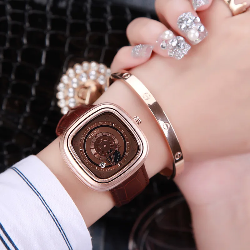 

2018 Fashion Guou Square Unisex Watch Men Ladies Quartz Wrist Watch Casual Leather Reloj Hombre Date Rose Gold Women Dress Clock