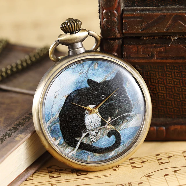 Black Cat Pocket Watch Fob Chain Necklace Pendant Mens Fox Dog Retro American Fr Black Cat Pocket Watch Fob Chain Necklace Pendant Mens Fox Dog Retro American Fr