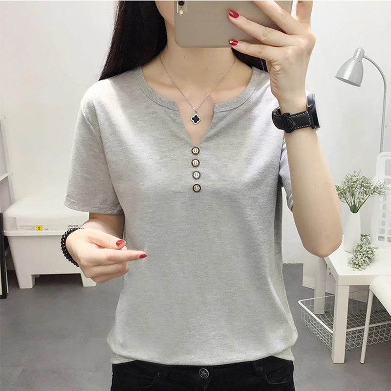 

Women Summer Soild Casual T Shirt 2019 Women V-Neck Short sleeve T-Shirt For Women Cotton Tops Female White Gray Tees Shirts 4XL