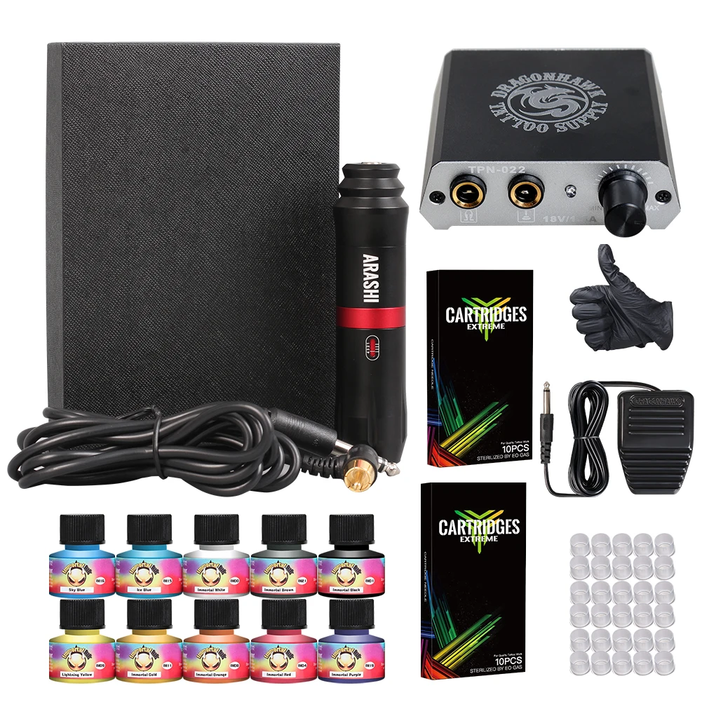 

Top Complete Beginner Tattoo Kit Set Motor Pen Machine USA Gun Color Inks Power Supply Needles