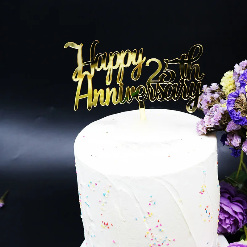 Happy 25th Anniversary Acrylic Cake Topper Gold Cupcake Topper For