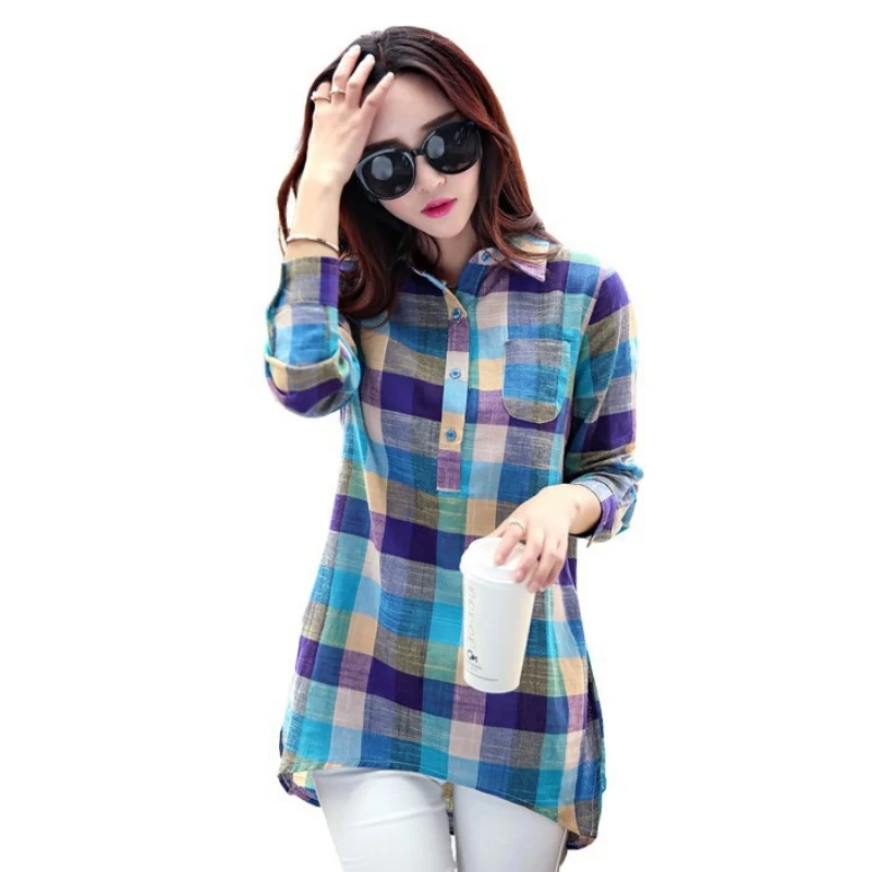 

Women Fashion Plaid Shirt Fashion Collar Long Sleeve Cotton Linen Blouses TopsLisa's Store