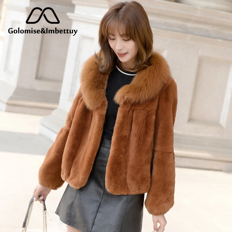 

Golomise&Imbettuy Real/Genuine Rex Rabbit Fur Coat Women Winter Natural Rex Rabbit Fur Coat/Jacket with Natural Fox Fur Collar