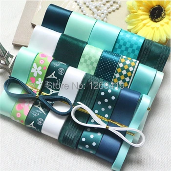 

Free shipping 26yards 22style Green bowknot hairpin headdress DIY manual materials grosgrain/ribbon/whorl ribbon set