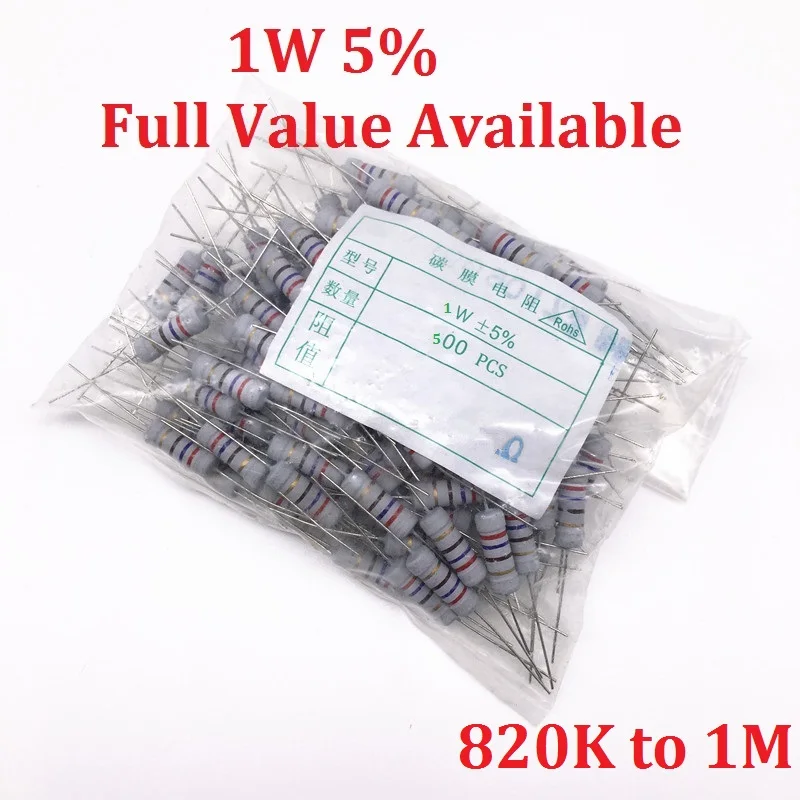500 шт. 1 Вт оксид Carbom металлическая пленка резистор 0R/0.5R/820 к/910 к/1 м/Ом 5%