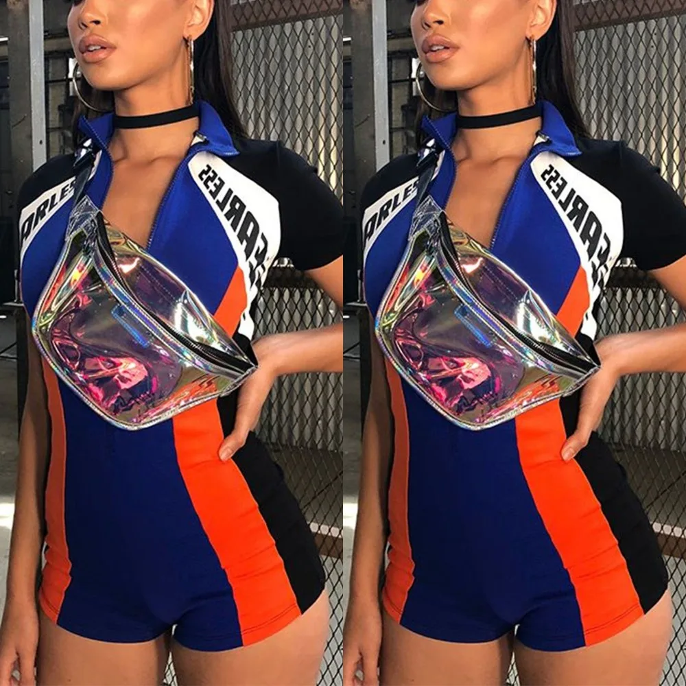 Для женщин Bodycon Комбинезоны Racing Нерегулярные полосатый молния шорты с коротким