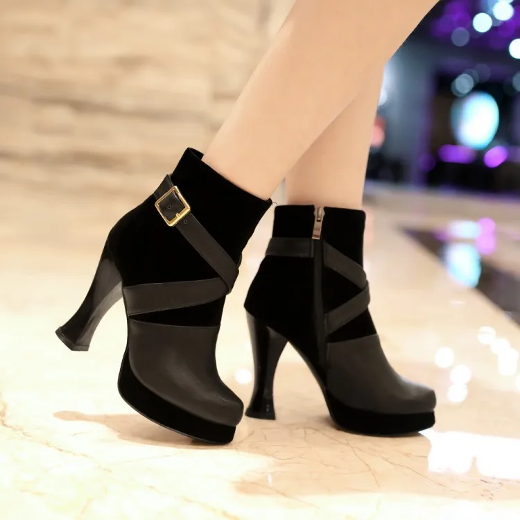

Europe and America Autumn Winter Women Thin High Heel Platform Buckle Round Toe Side Zipper Ankle Boots Plus Size 33-42 SXQ0811