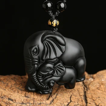 

Animal Pendant Necklace Handwork Natural Black Obsidian Carved Mother Baby Cute Elephant Men Amulet Lucky Jewelry Pendant Chain